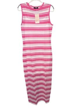 Sleeveless, Pink & White Striped, Midi, Crewneck Dress
